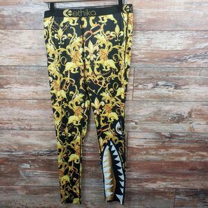 Womens ETHIKA Black/Gold Lion Fleur-de-lis Print Leggings NWT Size Large